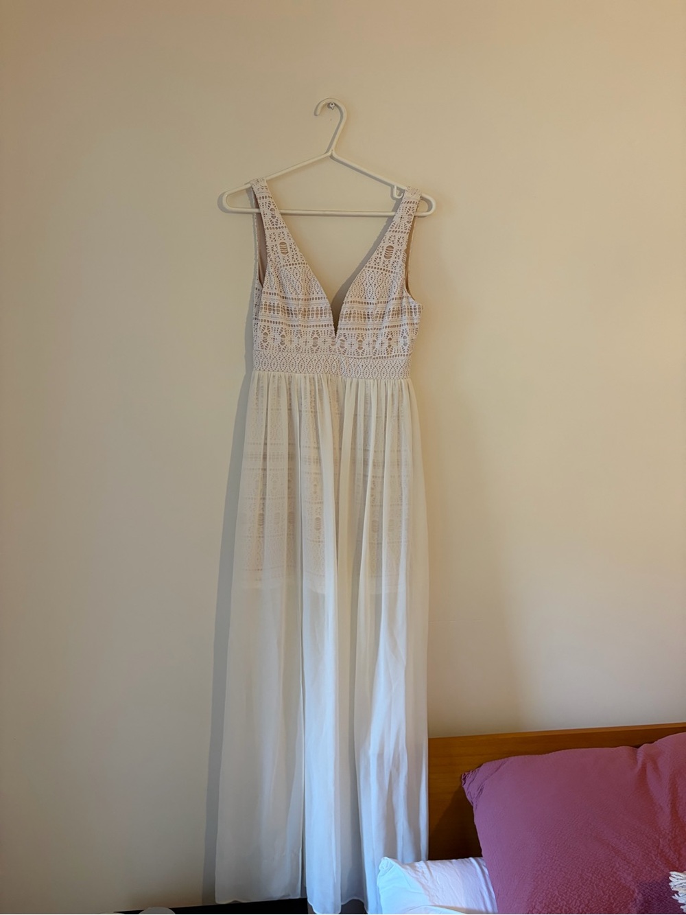 Ivory Lace V-Neck Maxi Dress with Sheer Skirt